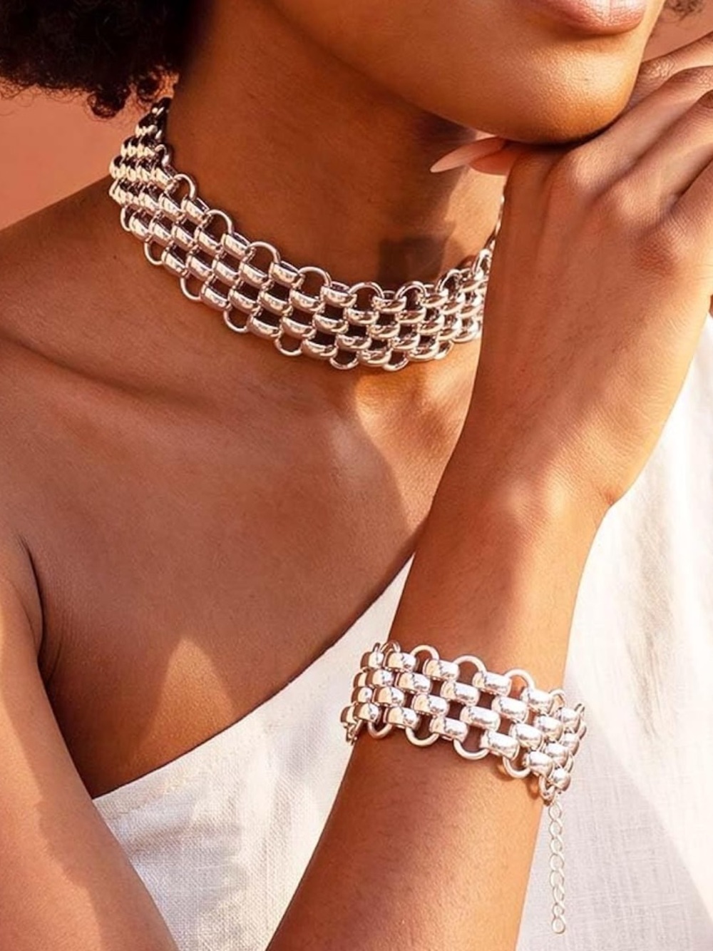 Anthropologie Silver Color Multi-Row Chain Choker and Bracelet Set